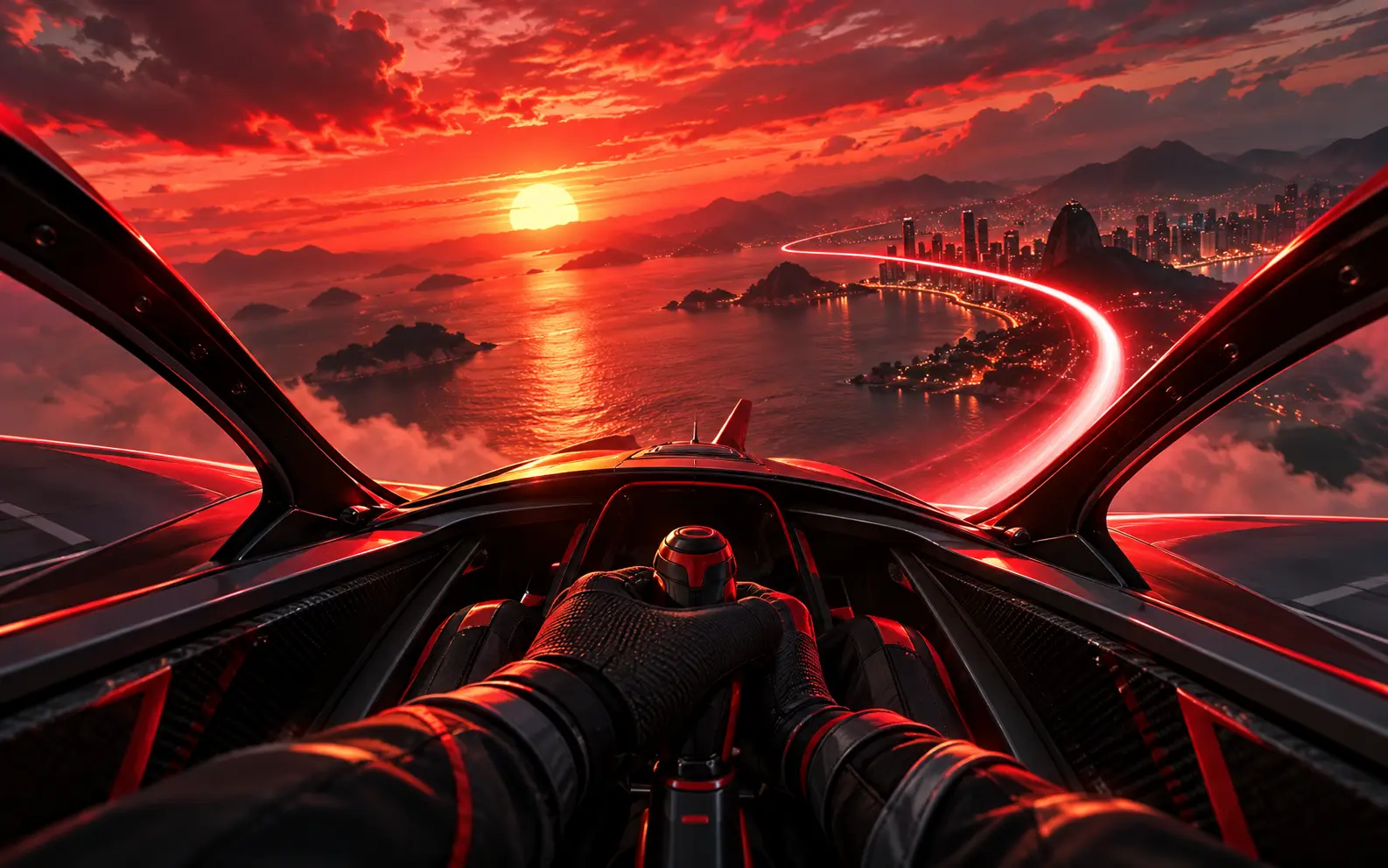 Pilot-view cockpit above a red coastal skyline at sunset