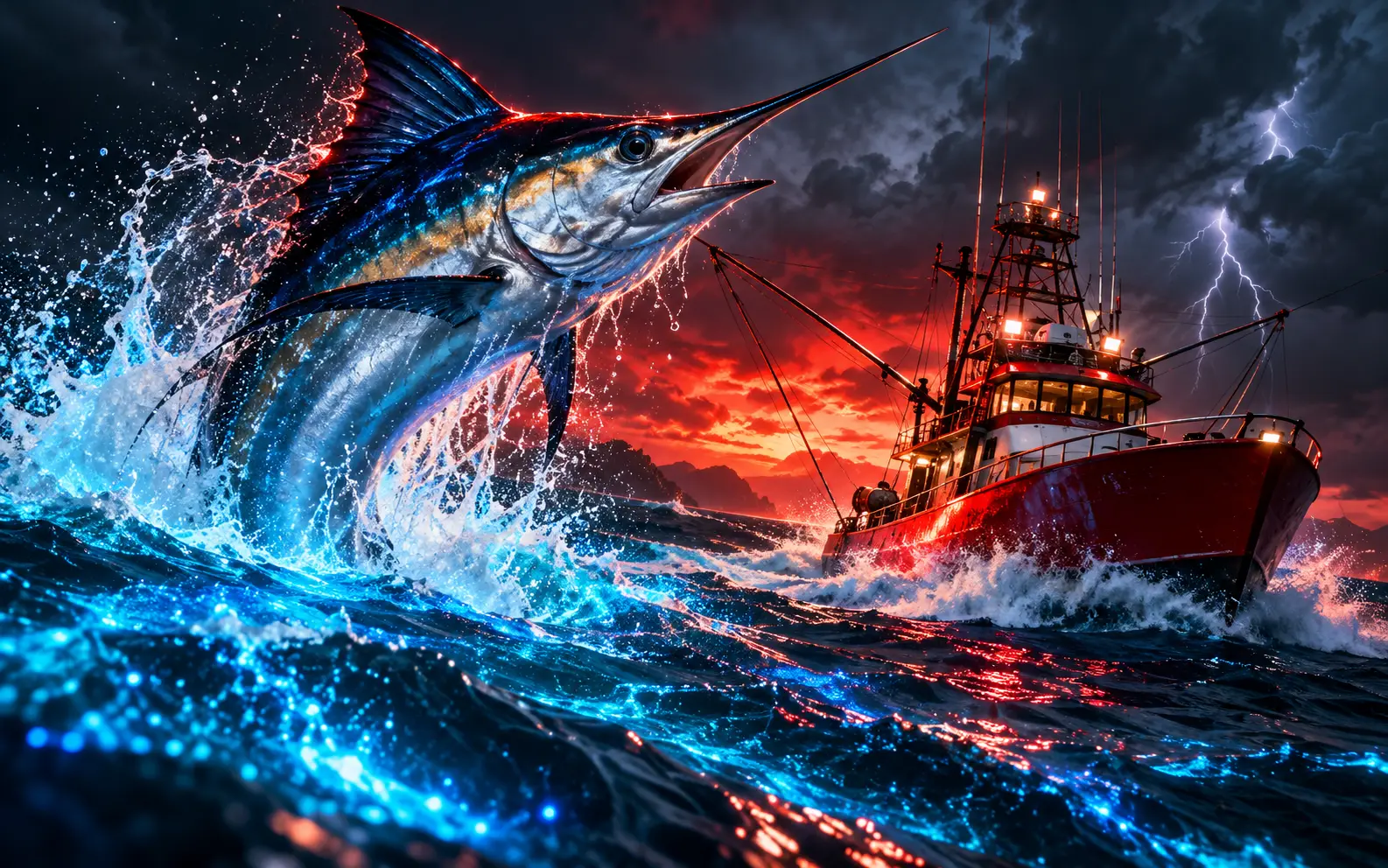 Marlin leaping beside a red trawler at night