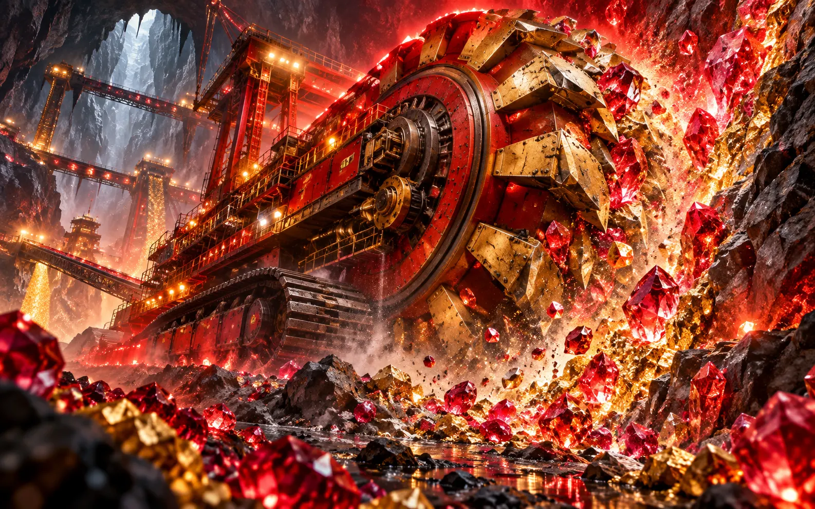 Enormous red-gold mining machine cutting through a crystal seam