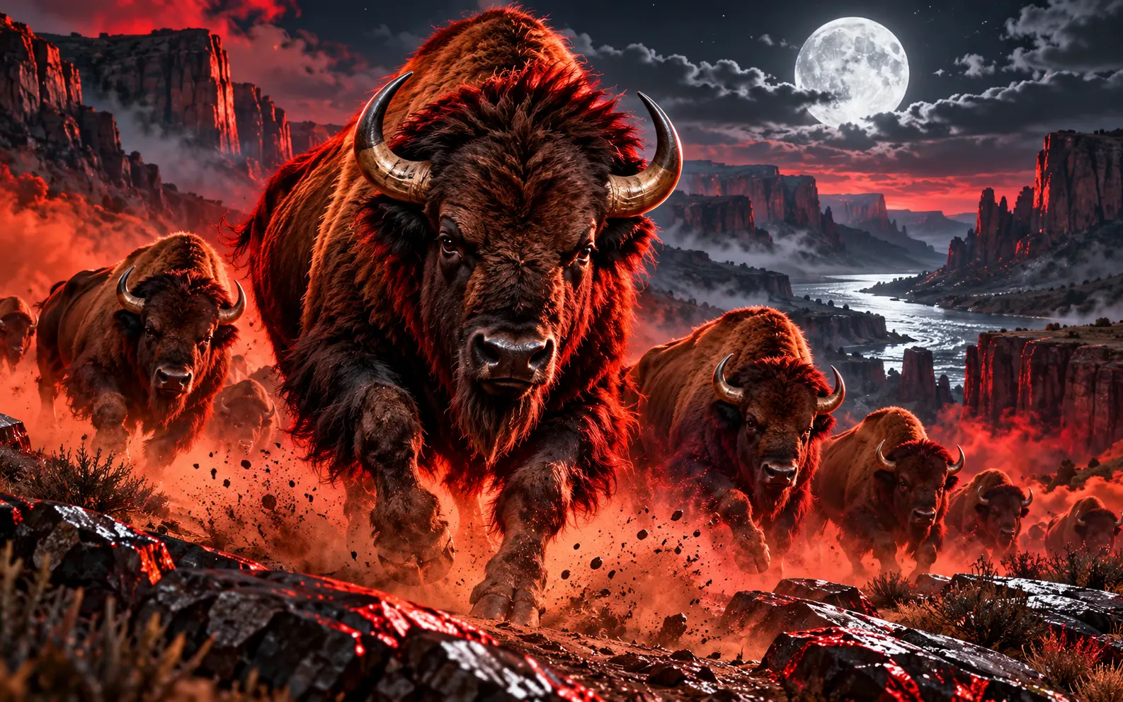 Buffalo stampede crossing a moonlit canyon trail