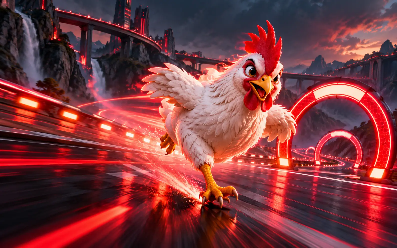 Stylised chicken sprinting across a futuristic neon road