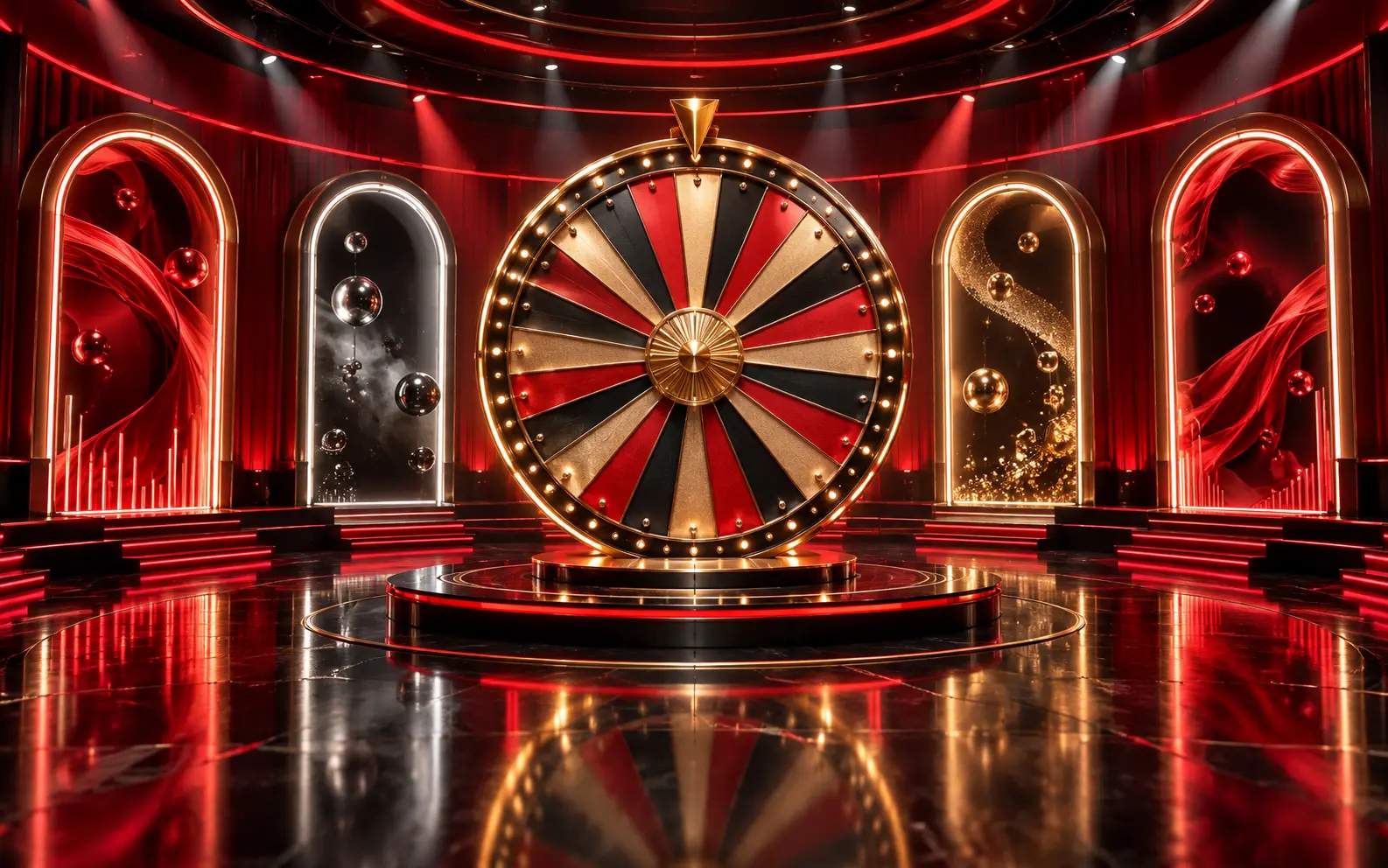 Empty crimson game-show studio with a sculptural wheel
