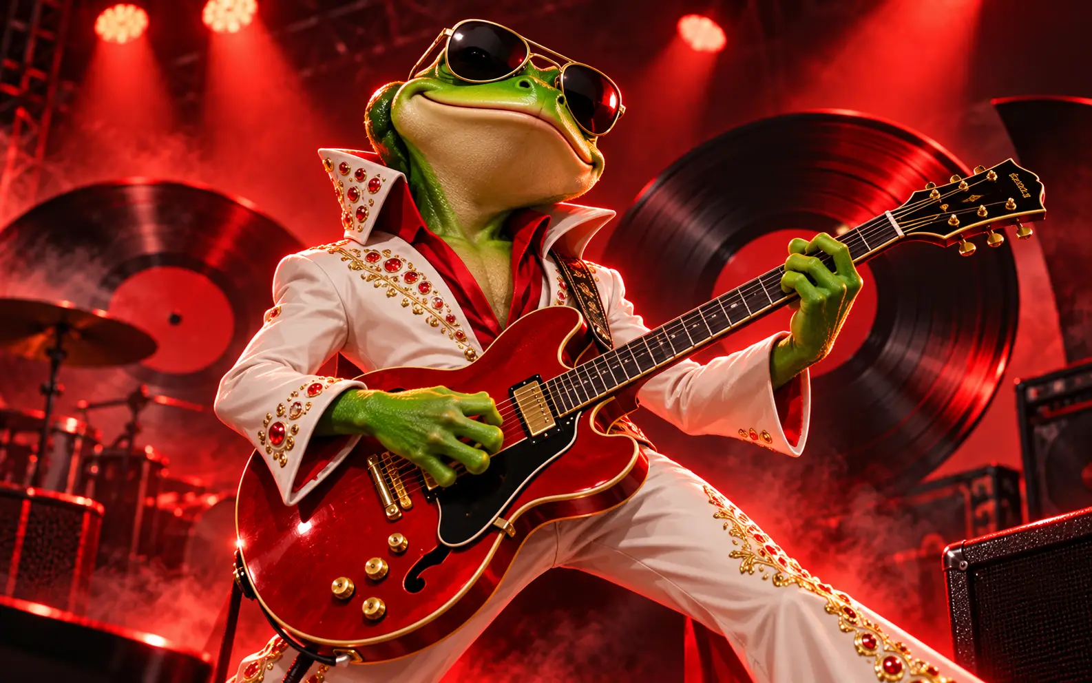 Original emerald frog performer under red stage lights