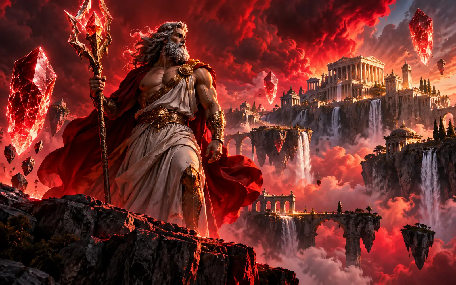 Original Greek sky citadel with crimson clouds and glowing crystals