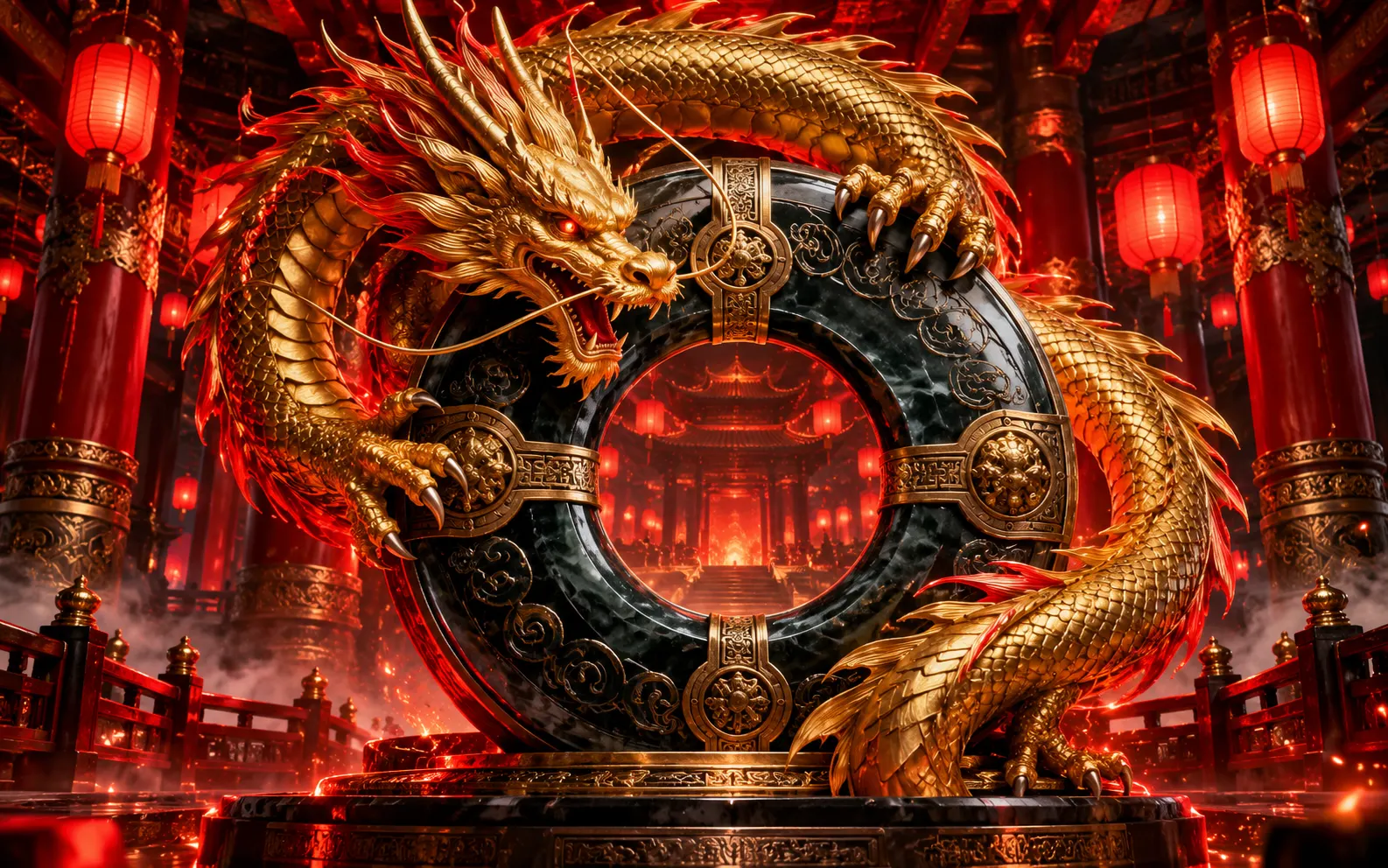 Golden dragon circling a black jade ring in a lantern temple