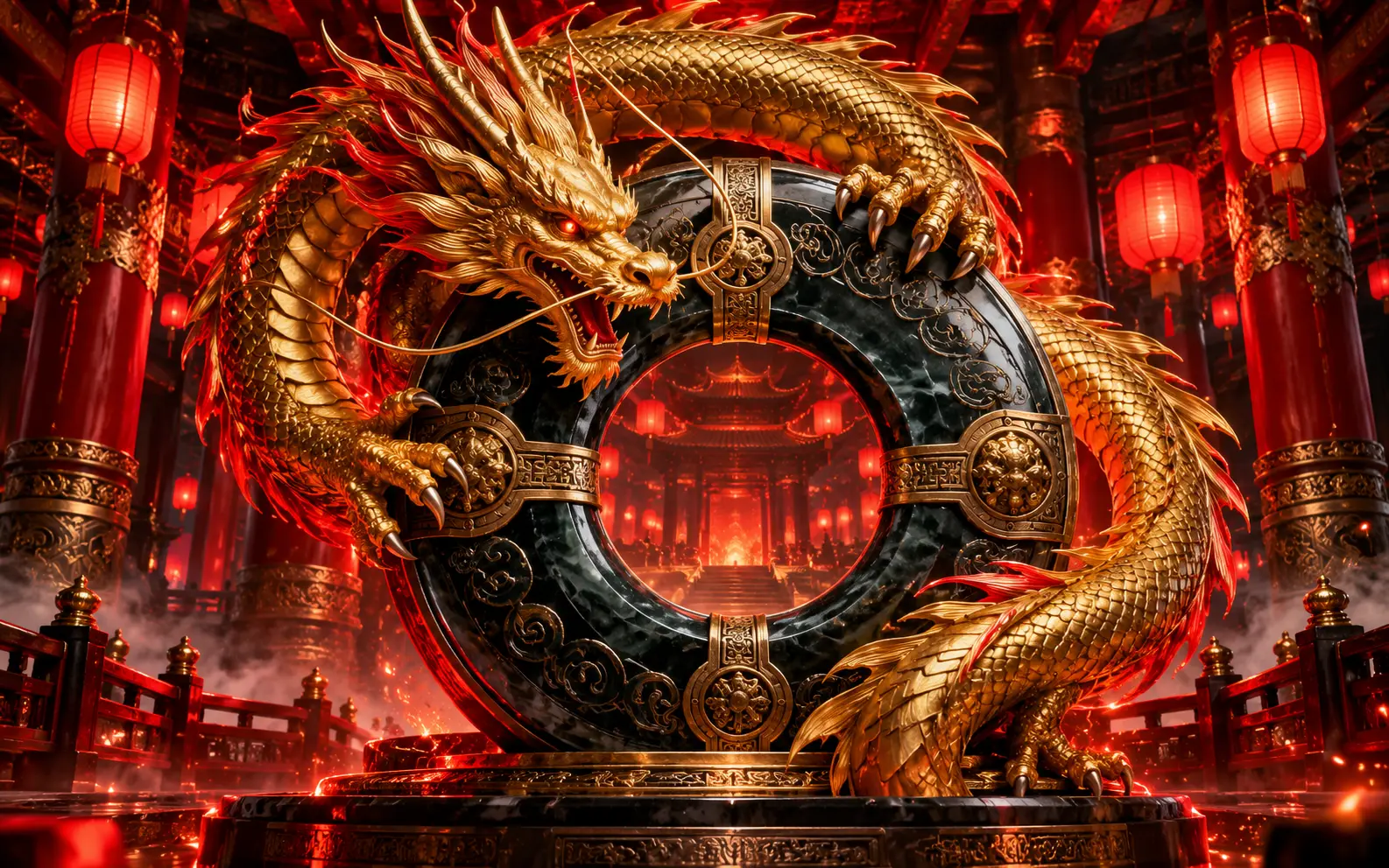 Golden dragon circling a black jade ring in a lantern temple