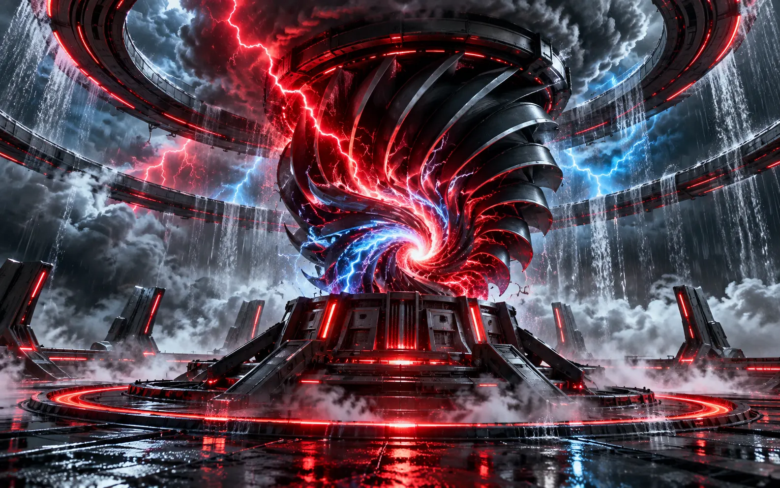Futuristic turbine collecting red and blue lightning