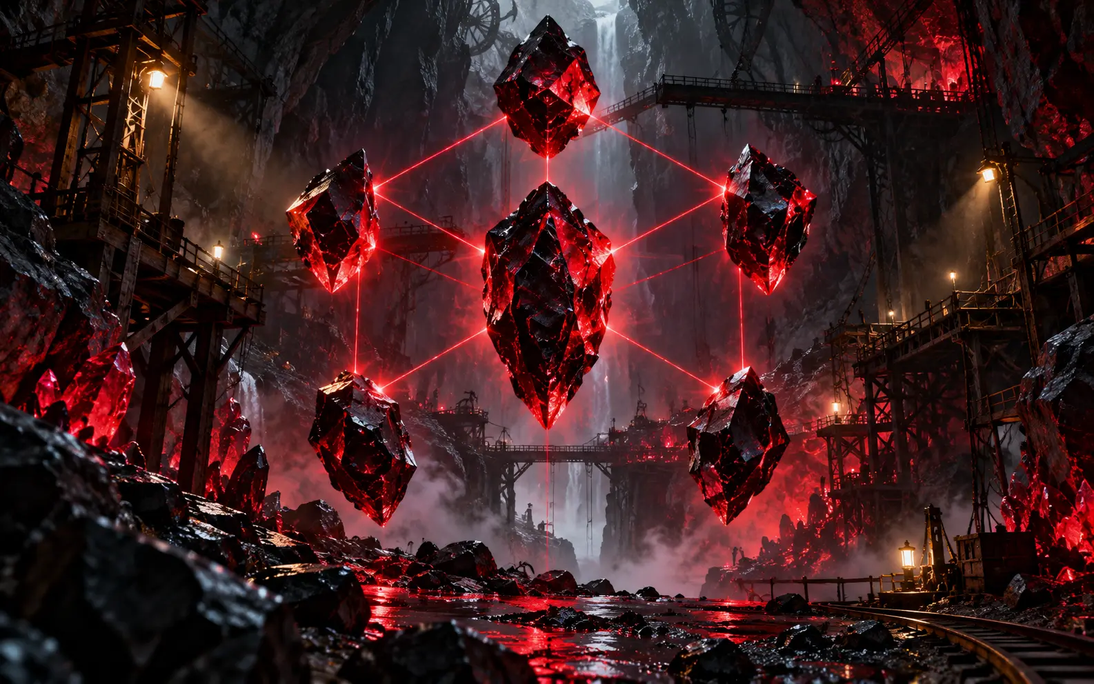 Obsidian stones connected by red survey lasers in a crystal mine