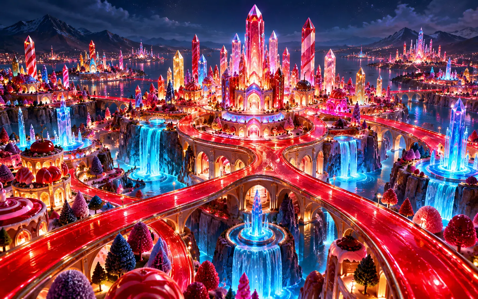 Aerial view of a neon sugar metropolis at night