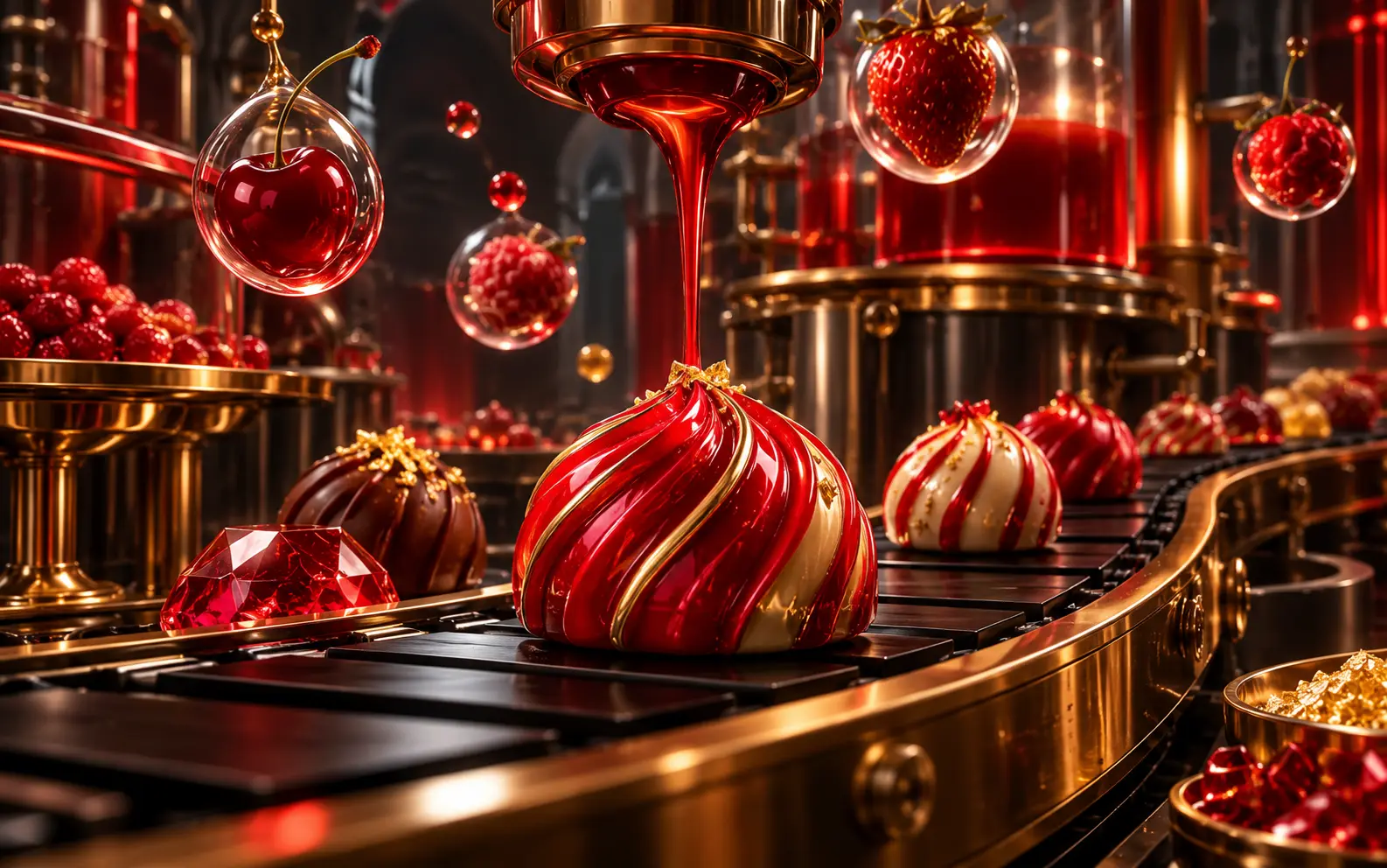Red-and-gold candy laboratory with glass fruit drops
